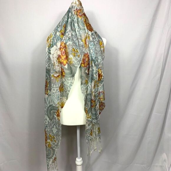 Artisan Design Scarf Fringe Edges Gray Paisley Floral Scarves 29 x 12 inches - Picture 1 of 7